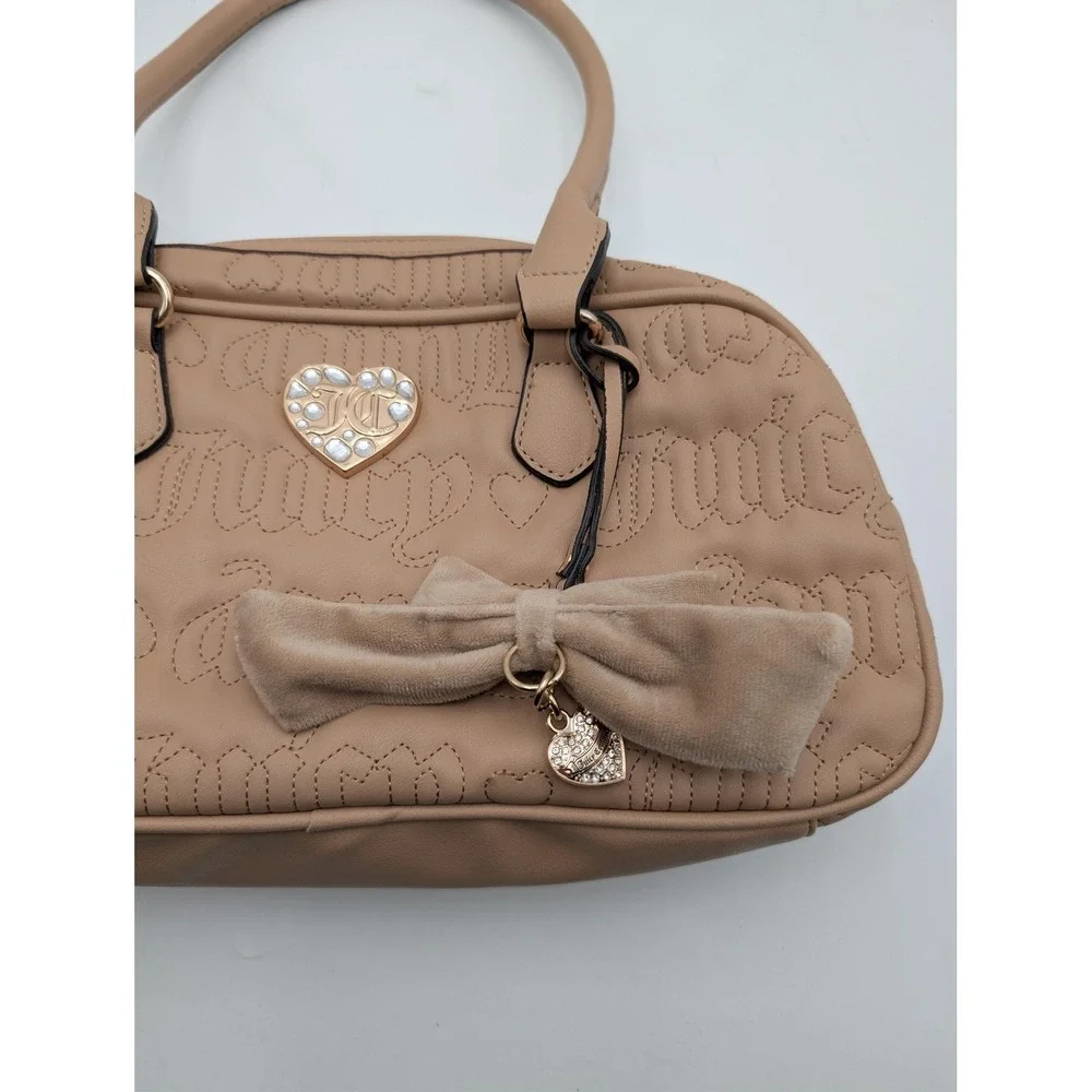 Juicy Couture Lovely Girl Satchel Bag Womens Small Pecan Heart Bow Charm Logo‎